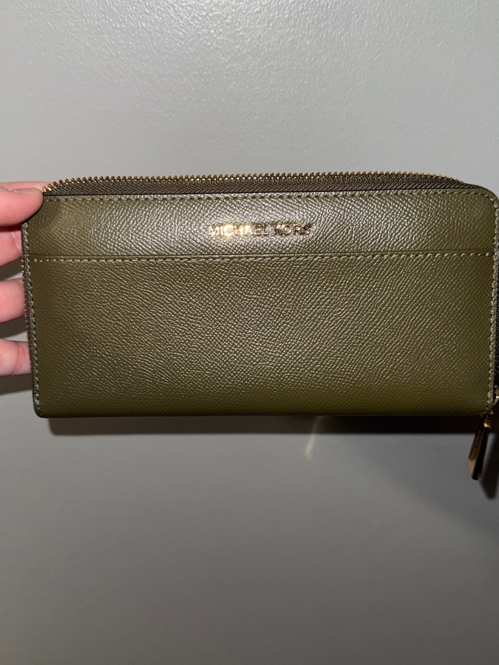 Michael Kors Olive Saffiano Zip-Around Wallet with Gold Logo